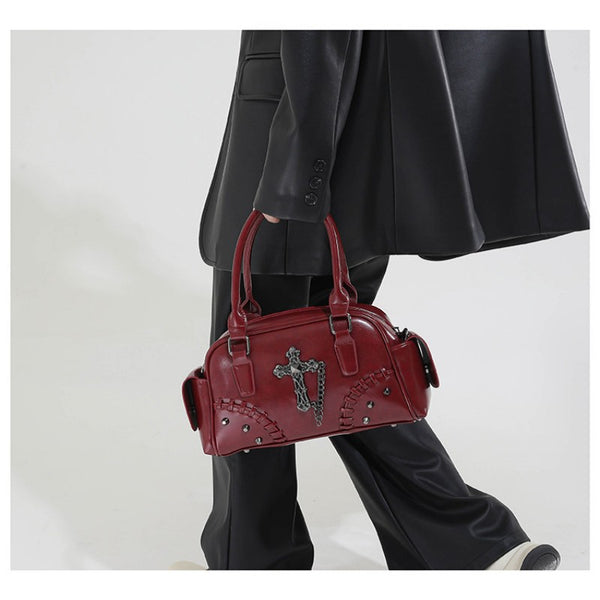 Gothic style cross Boston bag single shoulder斜挎 handbag rivet pillow bag bowling bag