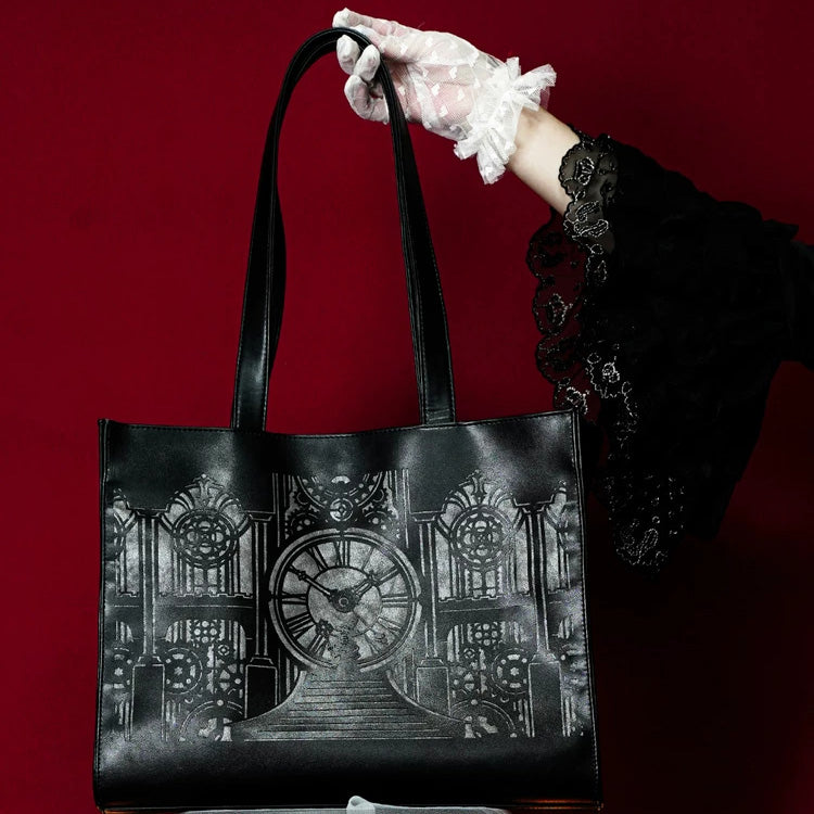 Black Clock Tower Printed Gothic Handbag