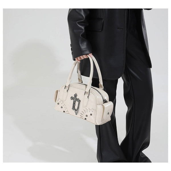 Gothic style cross Boston bag single shoulder斜挎 handbag rivet pillow bag bowling bag