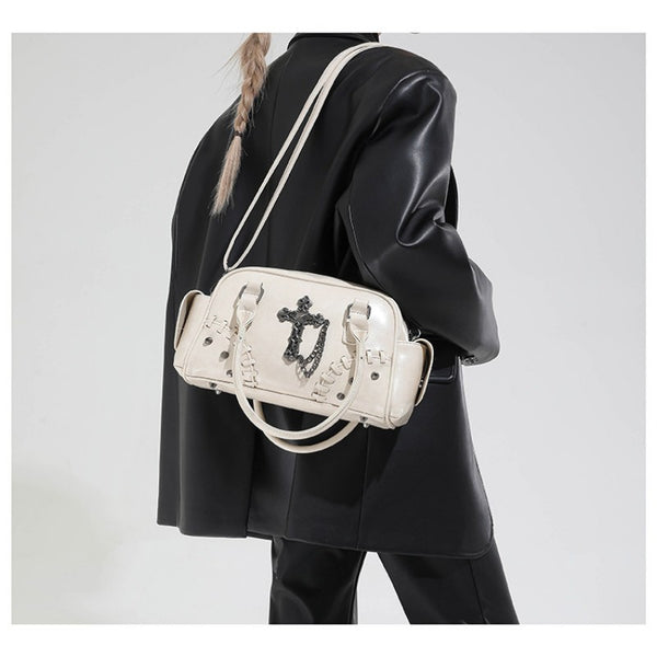 Gothic style cross Boston bag single shoulder斜挎 handbag rivet pillow bag bowling bag