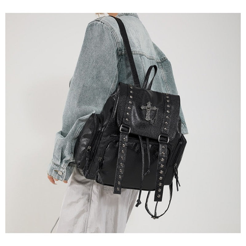 Punk Motorcycle Style Gothic Backpack New Retro Niche High-End Cross Stud Commuter Bag