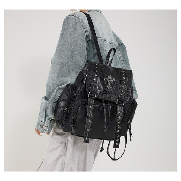 Punk Motorcycle Style Gothic Backpack New Retro Niche High-End Cross Stud Commuter Bag