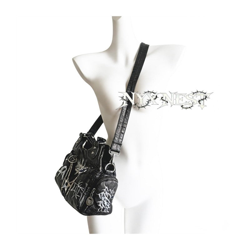 Punk style motorcycle bag women chain dark graffiti sweet and cool tote bag niche Y2K shoulder armpit and crossbody bag