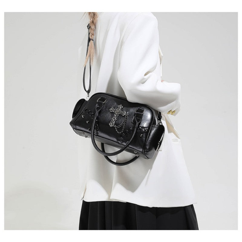 Gothic style cross Boston bag single shoulder斜挎 handbag rivet pillow bag bowling bag