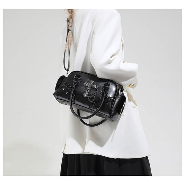 Gothic style cross Boston bag single shoulder斜挎 handbag rivet pillow bag bowling bag