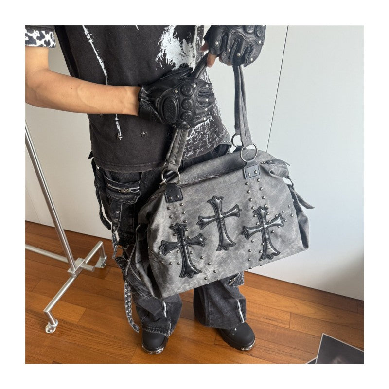 Women's large capacity tote bag with cross studs subculture shoulder bag for school and commuting crossbody bag