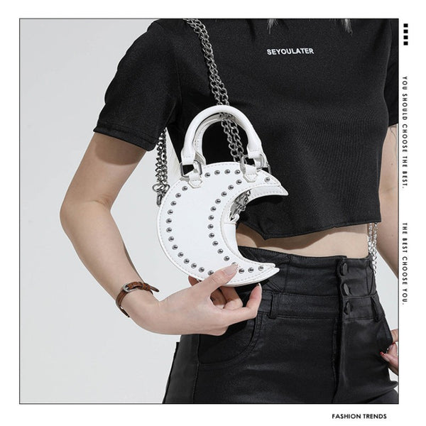 European and American punk style studded moon bag for women, niche design, fashionable chain single-shoulder cute saddle bag