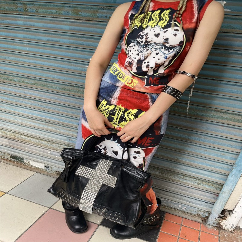 Motorcycle bag, rivet cross tote bag, street punk style Y2K crossbody commuting large capacity shoulder bag