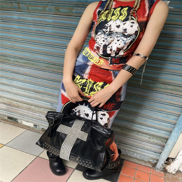 Motorcycle bag, rivet cross tote bag, street punk style Y2K crossbody commuting large capacity shoulder bag