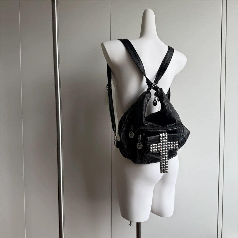 Cross tote bag, black rivet motorcycle bag, spicy girl street commuting single shoulder backpack