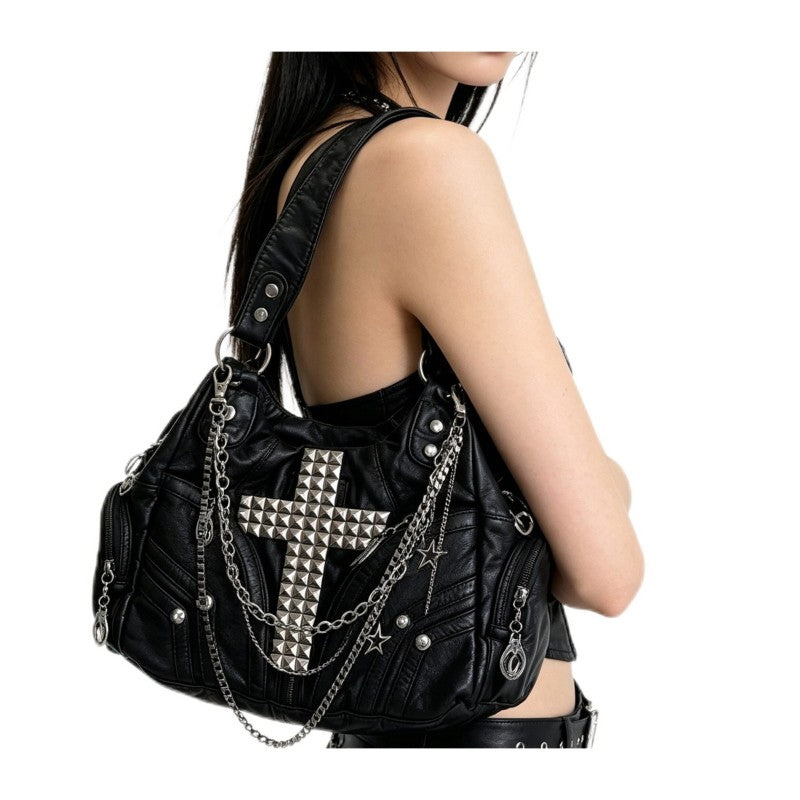 Punk-style chain bag black motorcycle cross-cultural gothic girl single-shoulder tote bag versatile crossbody bag
